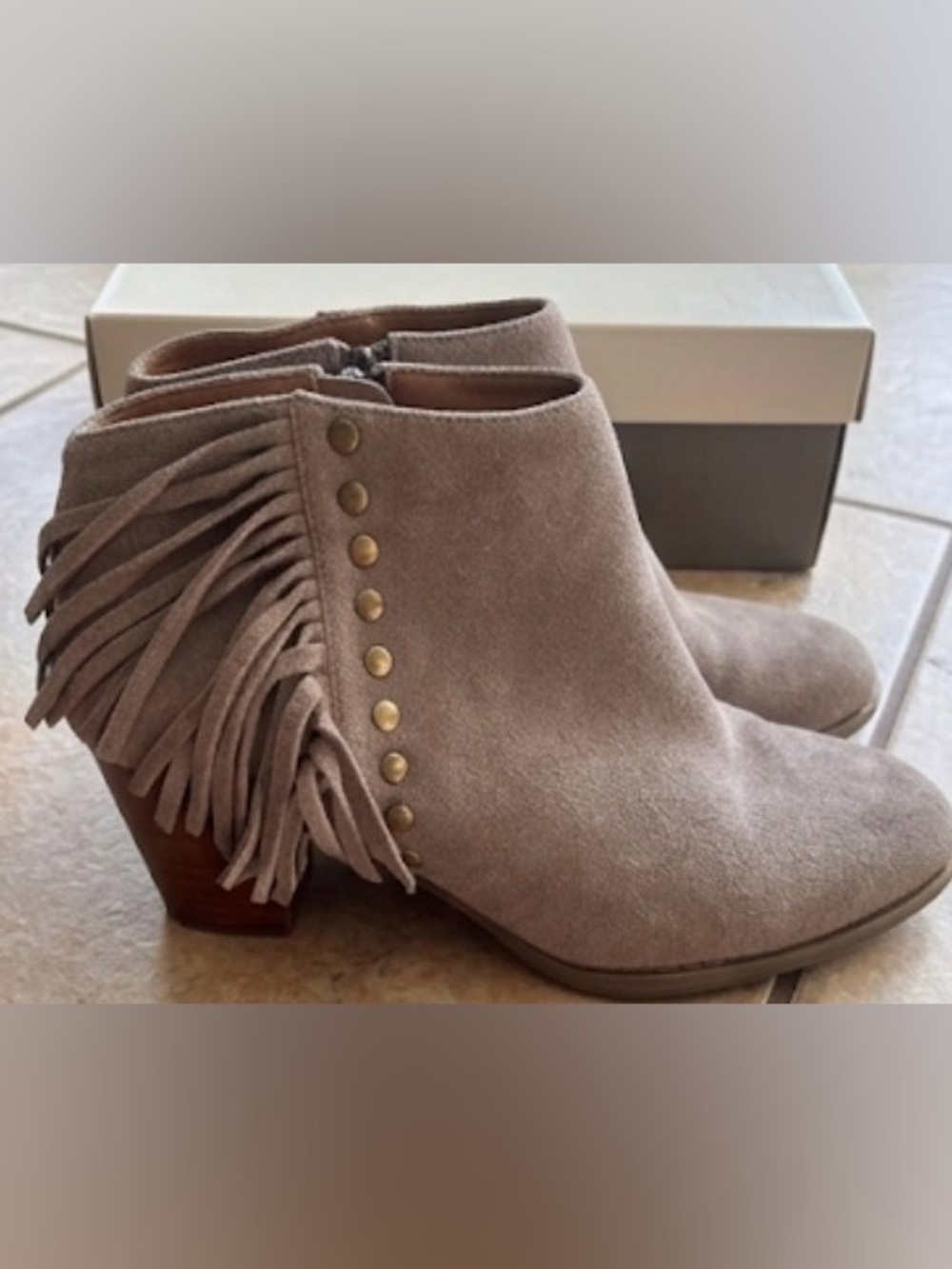 Vionic Fringe Suede Ankle Bootie in Taupe - Women's